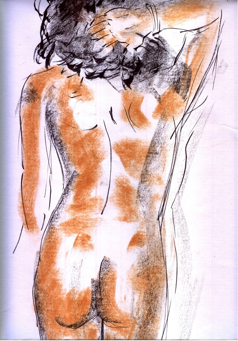 Stehender Akt , Kohle, Gelstift