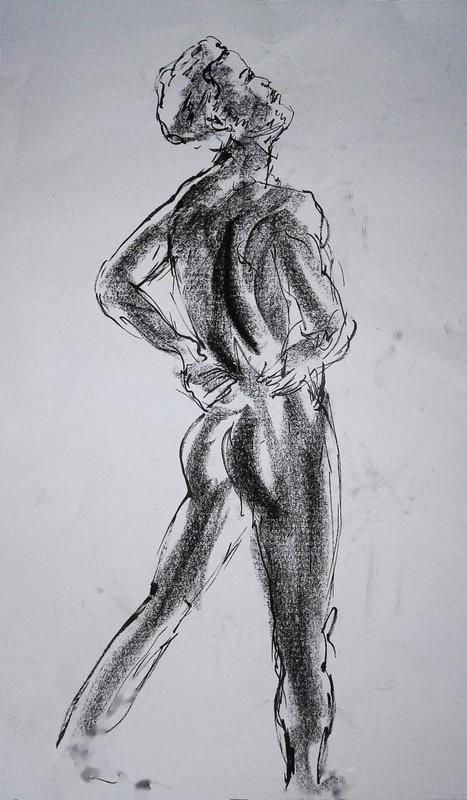 Stehender Akt , Kohle, Gelstift