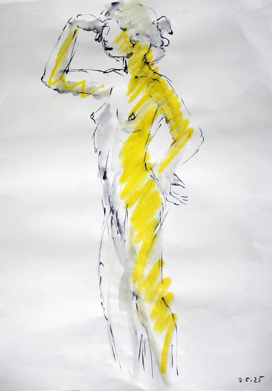 Stehender Akt , Kohle, Gelstift