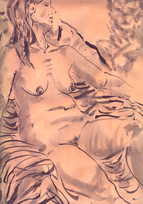 Akt im Sessel Tusche laviert auf braunem Papier, 45x34 cm