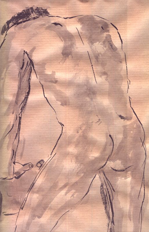 männlicher Akt Tusche laviert auf braunem Papier, 45x34 cm