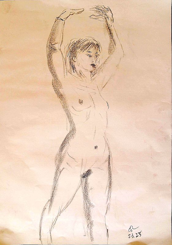 Stehender Akt , Kohle, Gelstift