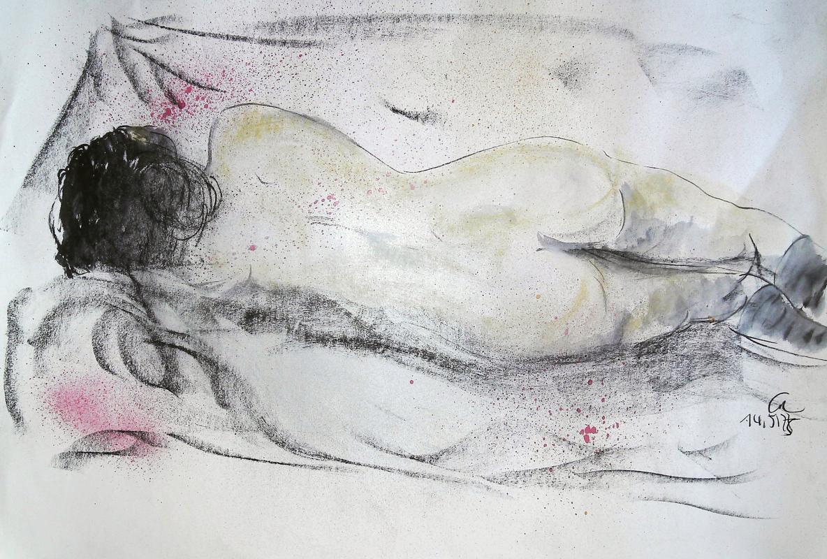 Stehender Akt , Kohle, Gelstift