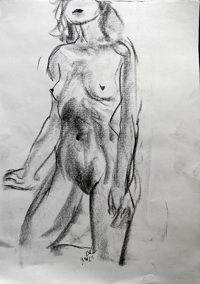 Stehender Akt , Kohle, Gelstift