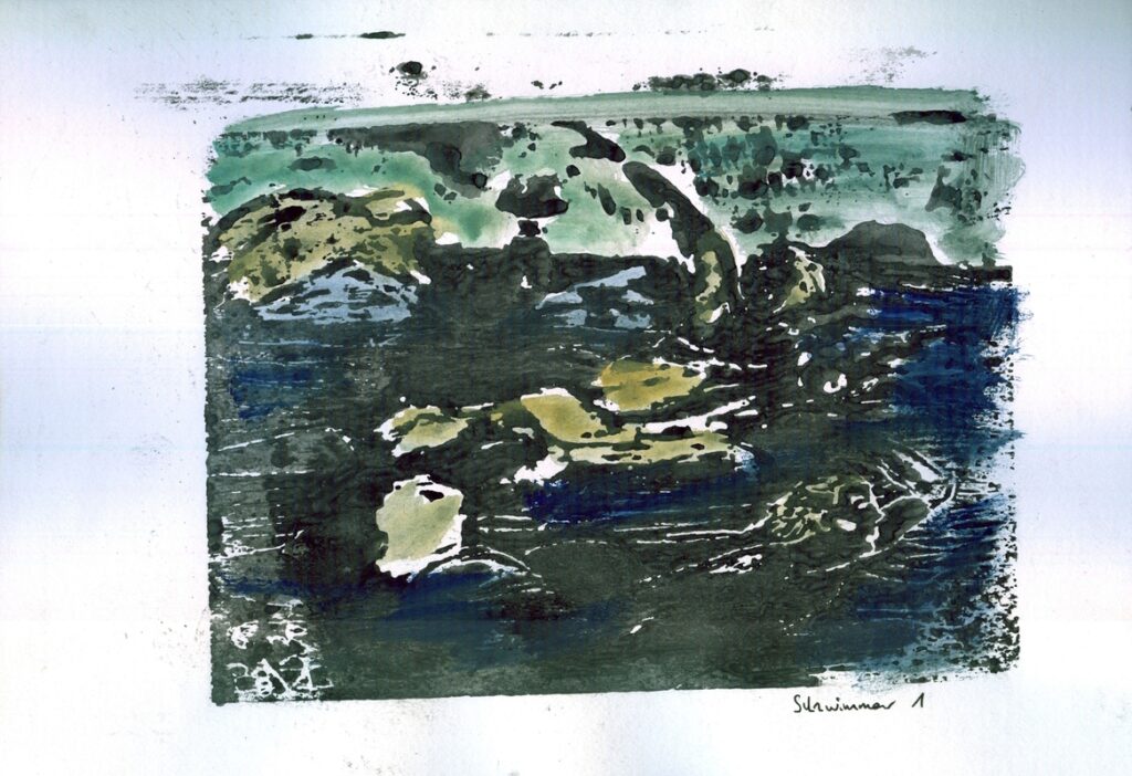 Schwimmer_1__Druck-Aquarell handkoloriert 