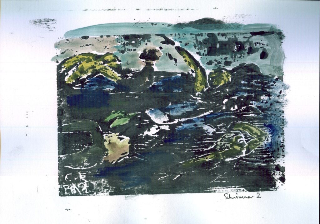 Schwimmer_2__Druck-Aquarell handkoloriert