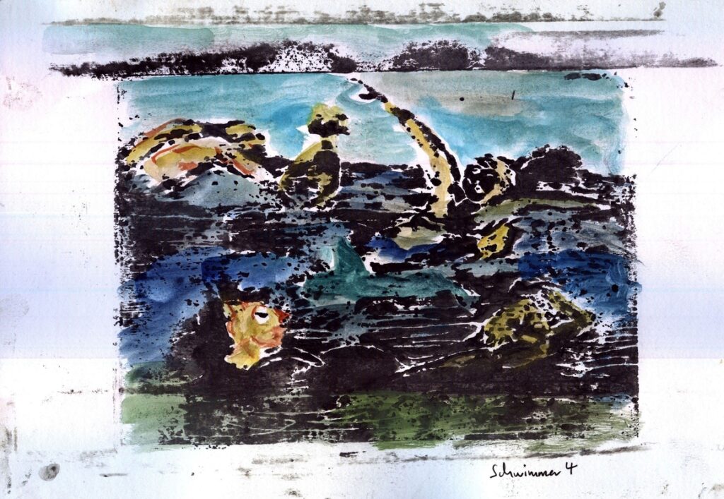 Schwimmer_4__Druck-Aquarell handkoloriert