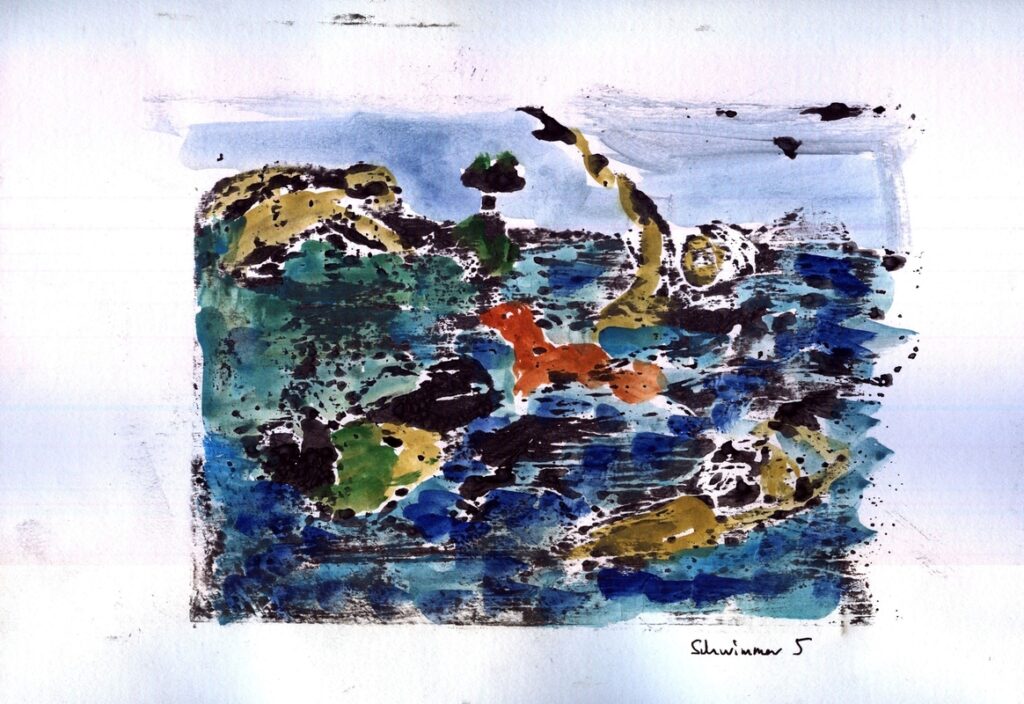 Schwimmer_5_Druck-Aquarell handkoloriert